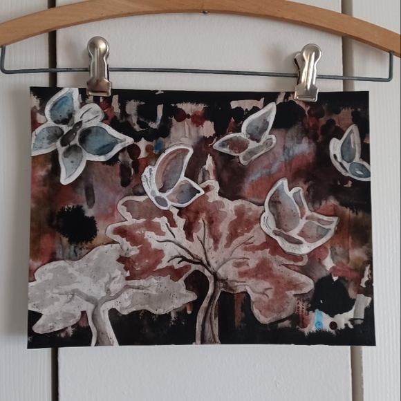 Hand Crafted Other - ORIGINAL ART. Abstract Butterfly Wall Art in Black, Brown, Red, and Blue Ink